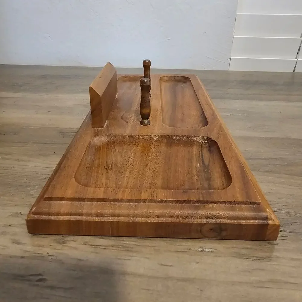 Vintage MCM Walnut Wood Mens Dresser Valet Tray Desk Catchall Organizer Caddy